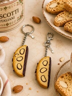 Italian Almond Biscotti Cookie Keychain or Bag Clip | Handmade Chocolate Dipped